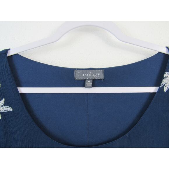 Luxology XL Blue Dress White Embroidered Flowers Scoop Neck Long Bell Sleeves - Picture 2 of 6